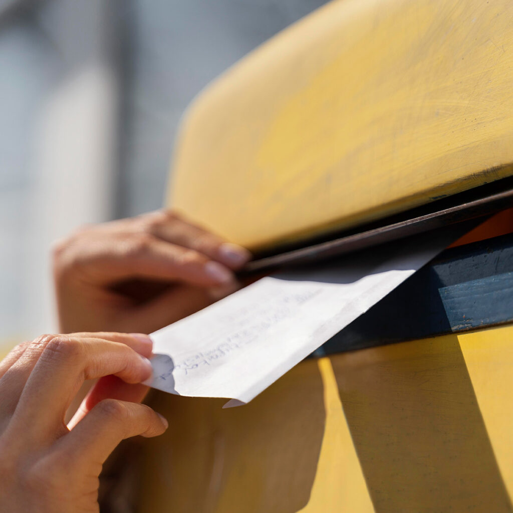 Una persona introduciendo una carta en un buzón amarillo. Contacta con nosotros 